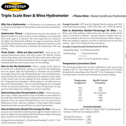 Hydrometer Temperature Correction Chart & Directions