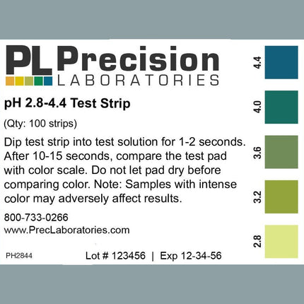 pH Paper - 2.8 to 4.4 For Wine - Vial of 100 Strips