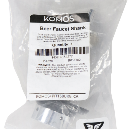 Komos - Beer Faucet Shank - 3-1/8 in. Stainless with Nut & Nipple