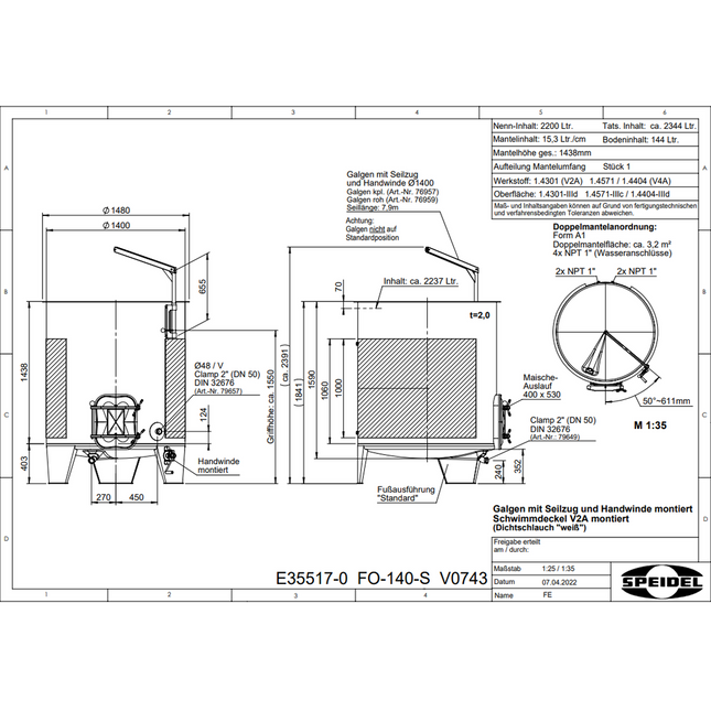 Speidel 2200L, 1400mm Diameter FO Dish Bottom Variable Volume Tank w/ Lid