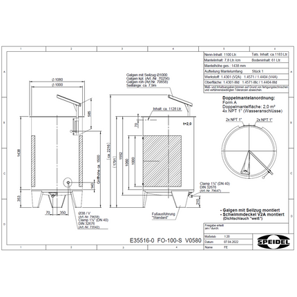 Speidel 1100L, 1000mm Diameter FO Dish Bottom Variable Volume Tank w/ Lid