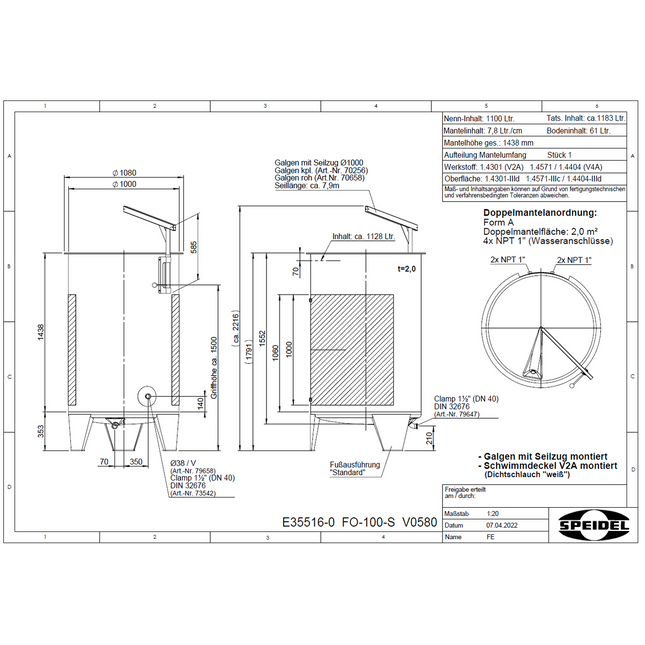 Speidel 1100L, 1000mm Diameter FO Dish Bottom Variable Volume Tank w/ Lid