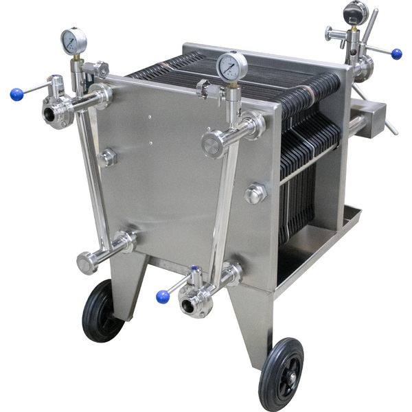 BevBright® Plate Filter | Noryl Plates | 40x40 | 20 Plate | Double Filtration Plate | Stainless Rolling Cart | 2,000L/h