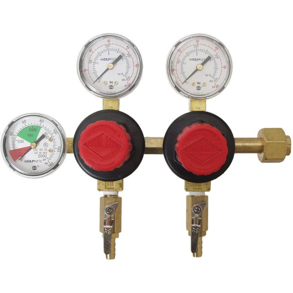 Taprite Dual Body CO2 Regulator | High Performance Primary Regulator | Independent Pressure Settings | 0-50 PSI Working Pressure | CGA320 Inlet | One Way Shutoff Valves | 5/16